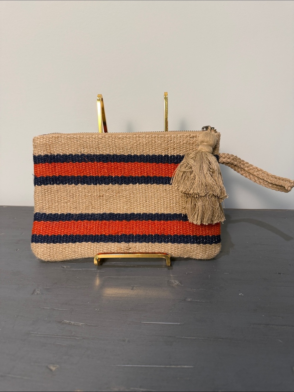 J. Jill Natural Woven Wristlet with Orange & Navy Stripes. New Without Tags.